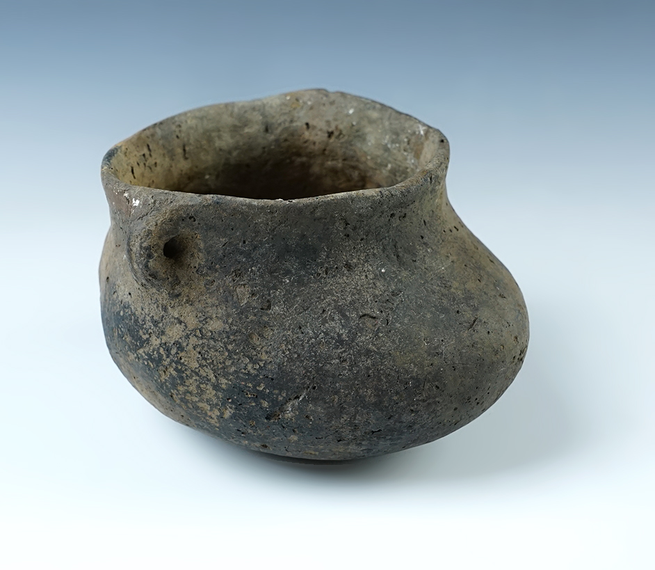 6" long 3 1/4" tall Quapaw Strap Handled Moccasin Effigy Jar. Found in Lee Co., Arkansas. 