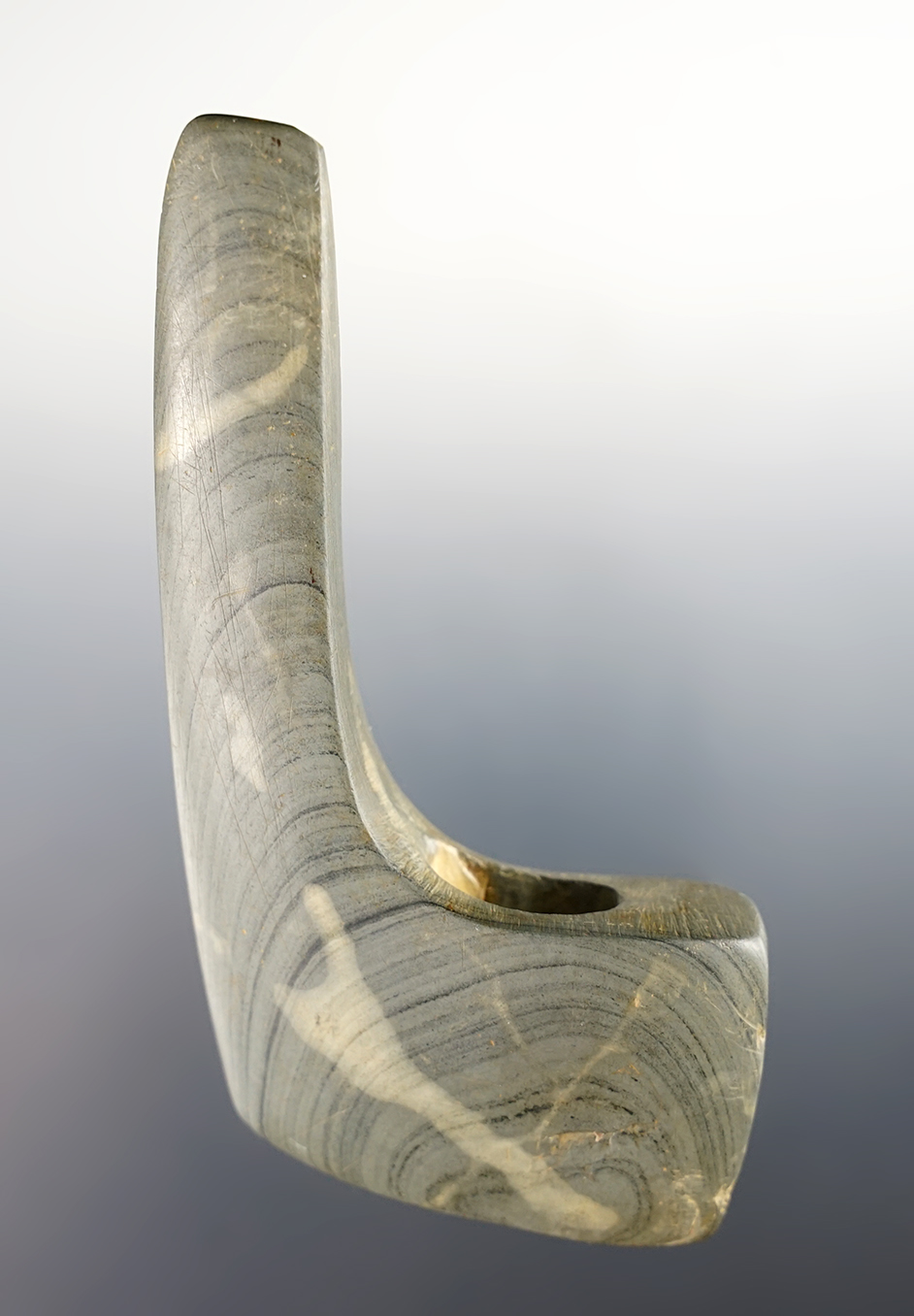 4" Geniculate Bannerstone made from Banded Glacial Slate. Recovered in Madison Co., Ohio. 