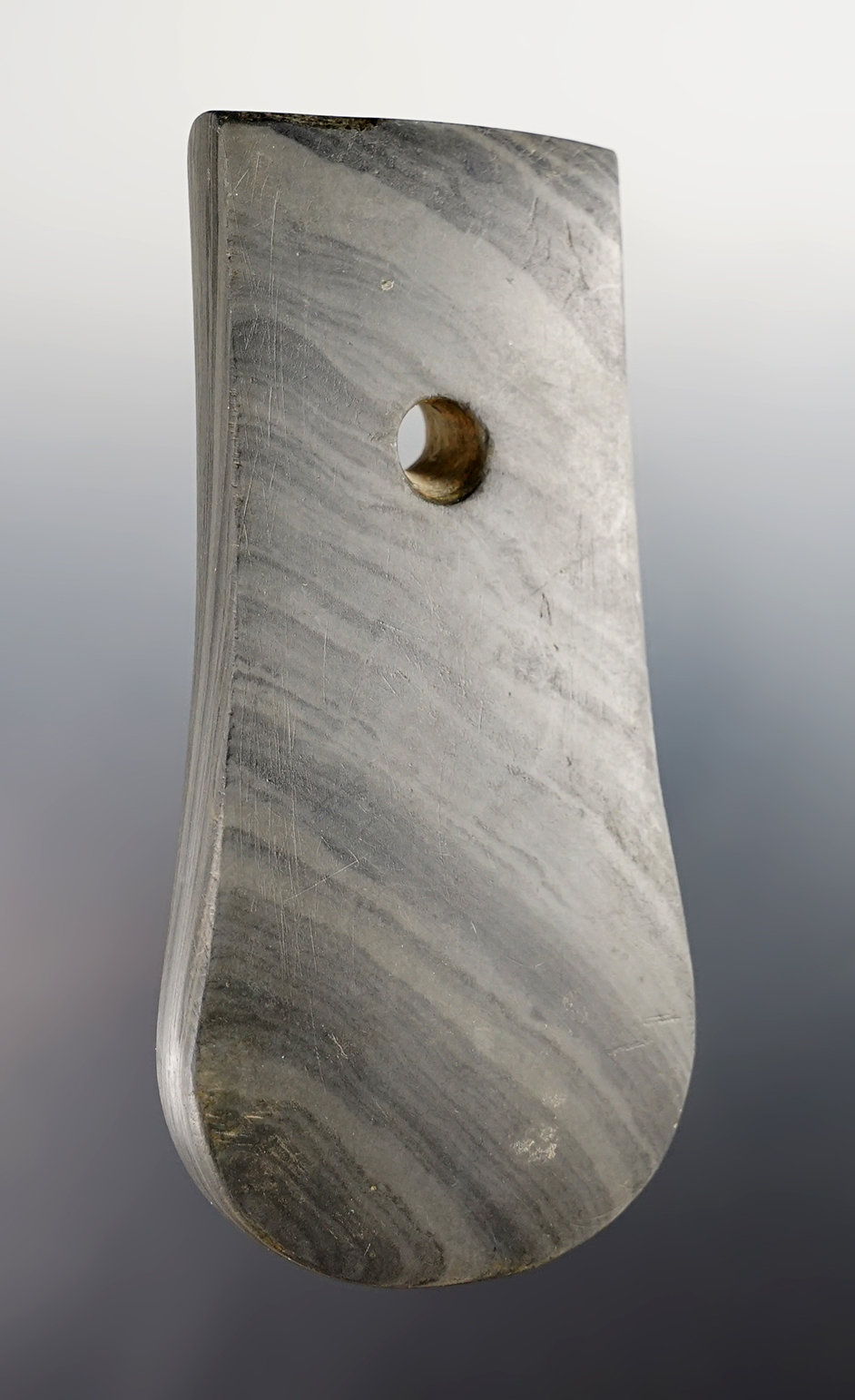 4 3/8" classic Adena Keyhole Pendant made from highly Banded Slate. Found in Huron Co., Ohio. 