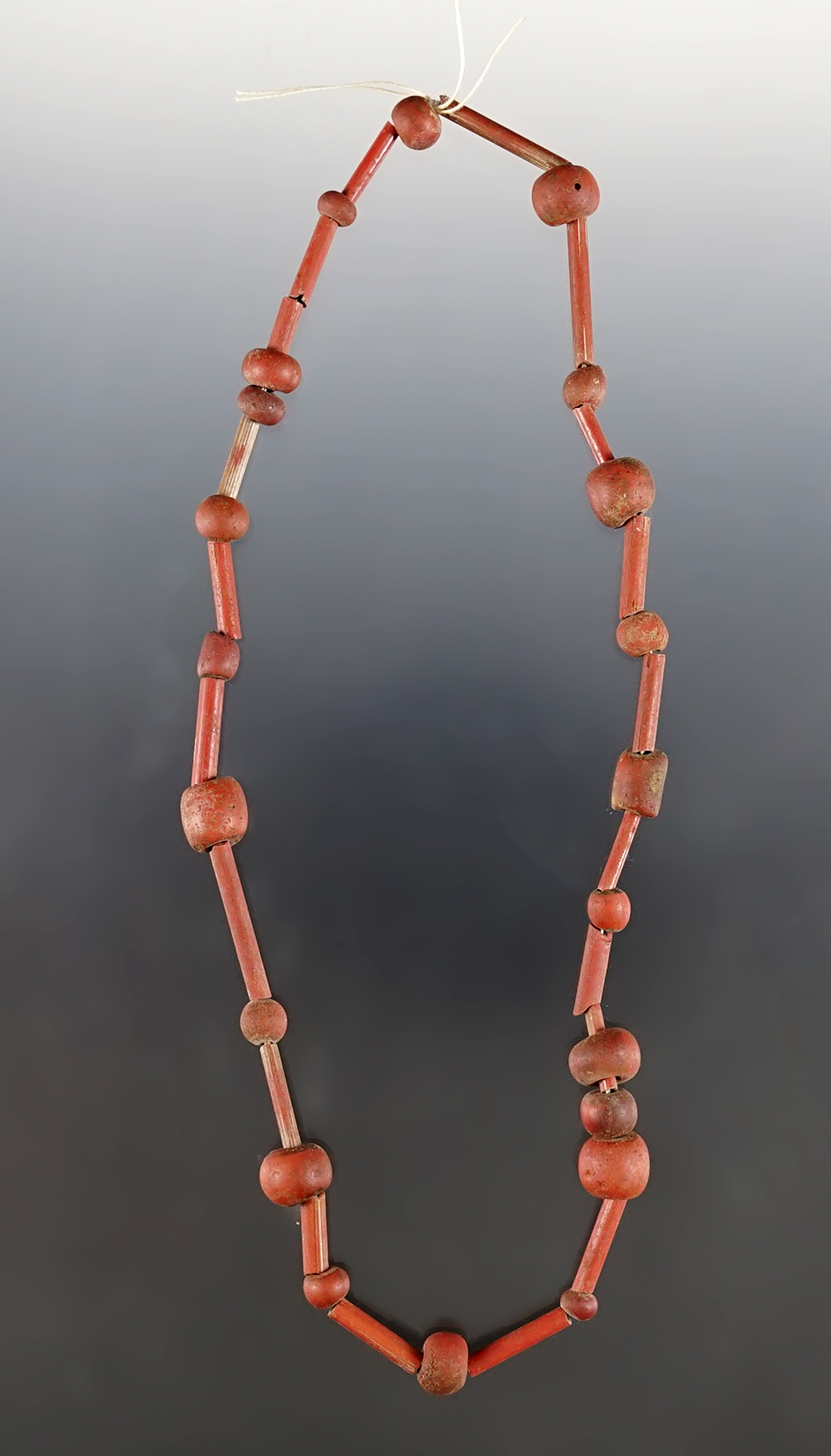 14" Strand of red Straws and Redwood Rounds. Dann Site in Lima, Monroe Co., New York. 