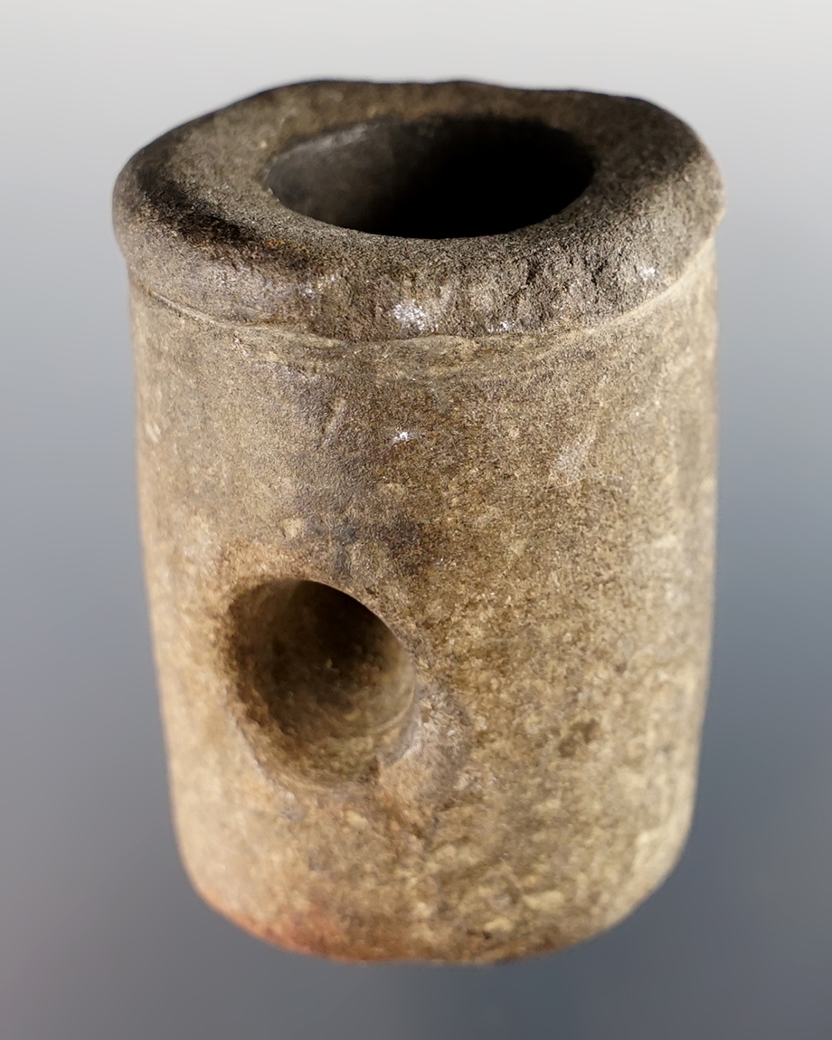 Well patinated 2" tall Vasiform Pipe made from Sandstone, Fox Field Site in Mason Co., Kentucky. 