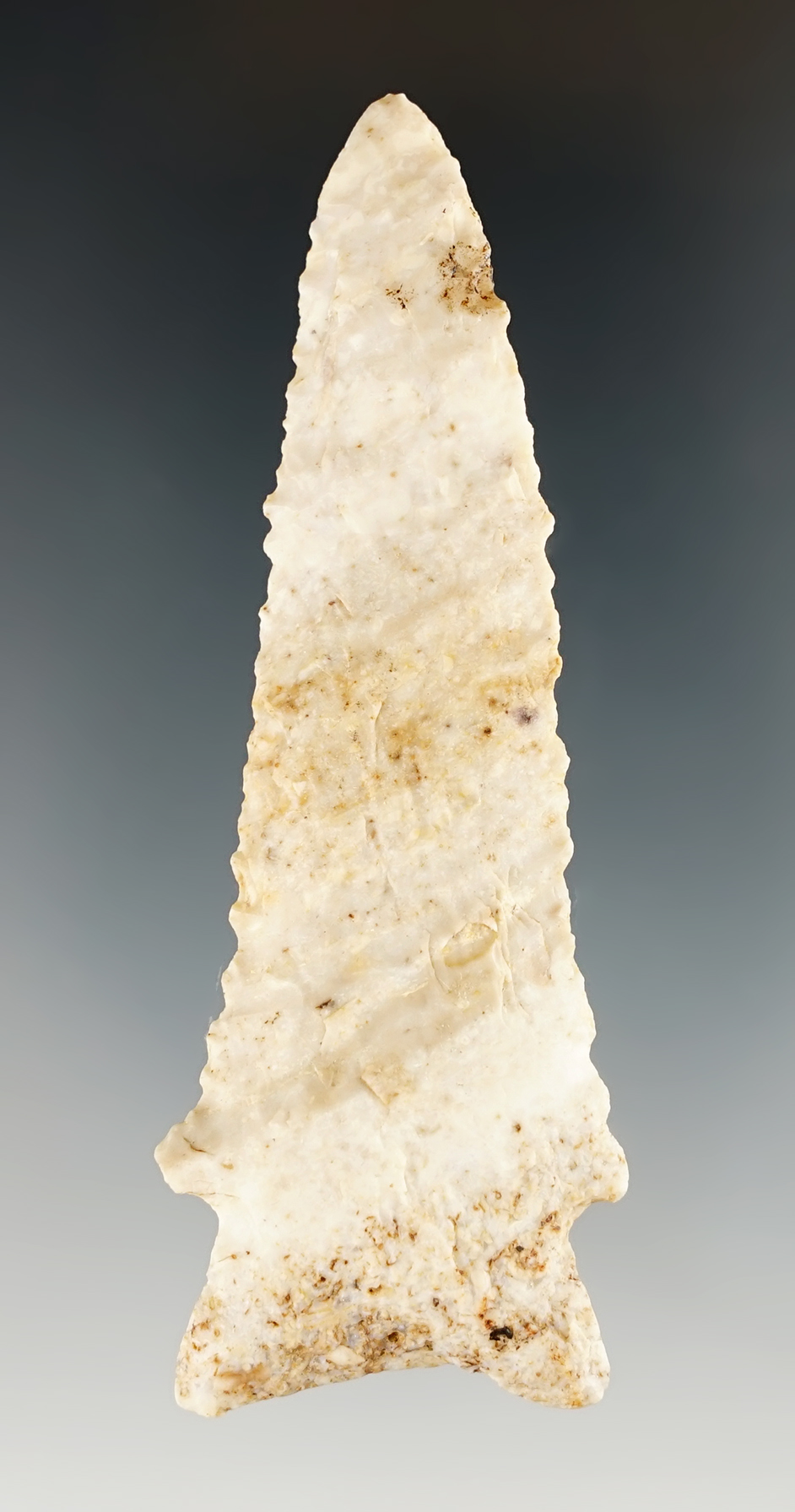 Lightly serrated 3 5/16” Hardin made from Crescent Quarry Chert. Found in Illinois.