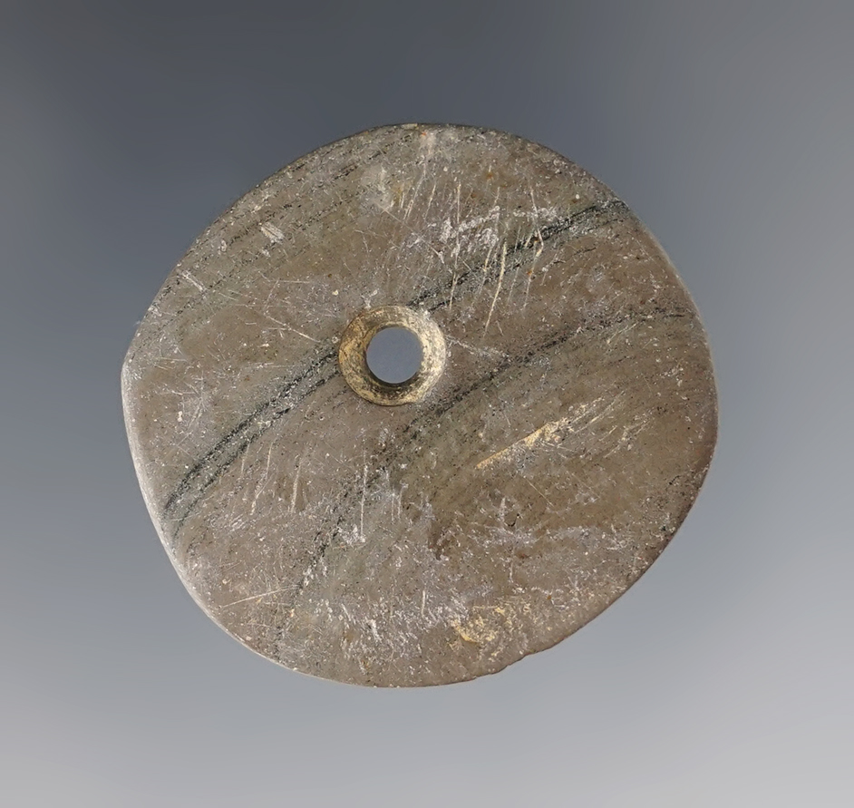 1 3/8" Miniature Banded Slate Round Pendant found in Wood Co., Ohio. 