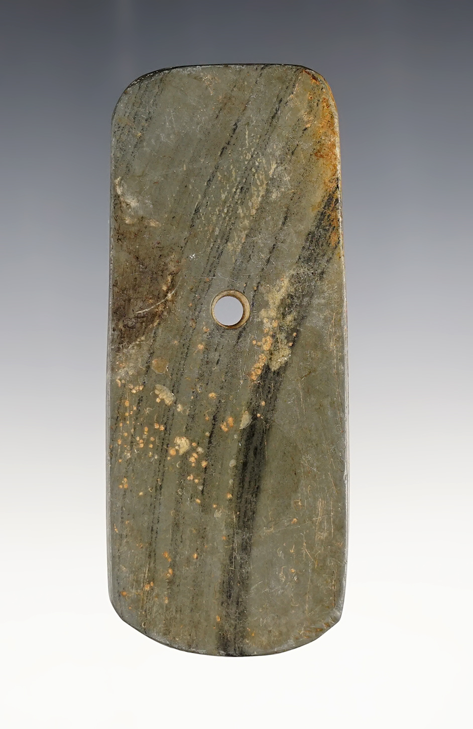3 11/16" Banded Slate Hopewell Pendant found in Wood Co., Ohio. Ex. David Root, #3697S
