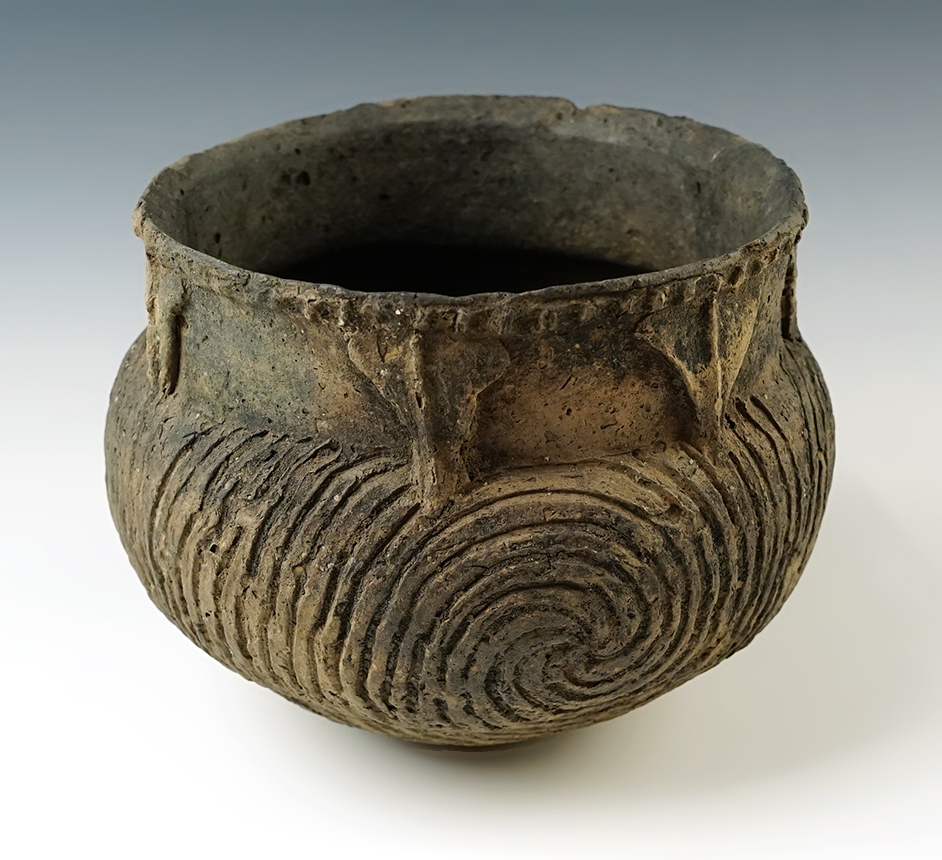 6" Rhodes incised pottery jar - Smith site by Michael Allen in 1982. Crittenden Co., Arkansas.