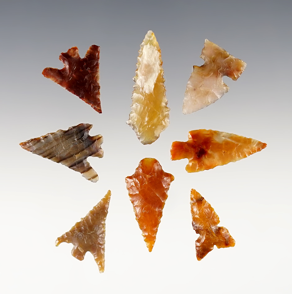 Set of 8 colorful points found near the Columbia River, Washington/Oregon. Ex. Gene Favell