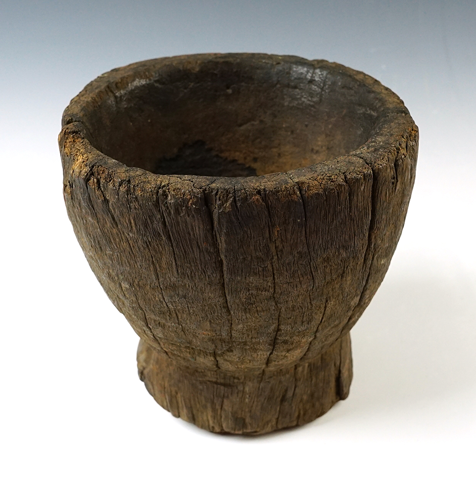 5 3/4" tall Pedestal based hand-carved Wooden Iroquois bowl, recovered in New York.  