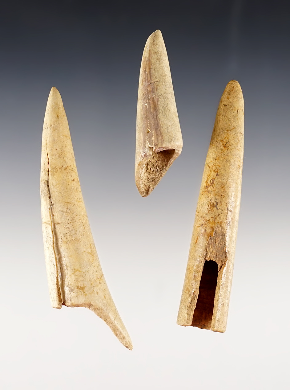 Set of 3 Antler Tine Bone Projectile Points. 1 is restored and 1 is broken and glued. 