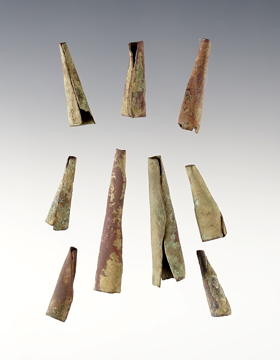 Set of 9 Brass Tinkling Cones recovered at the Dann Site, Lima, Monroe Co., New York. 