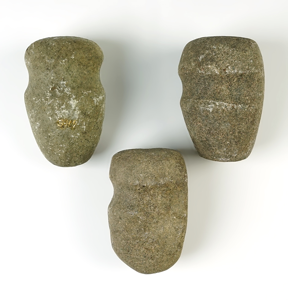 Set of 3 Ohio 3/4 Groove Hammerstones in excellent condition. The largest is 3 1/2".