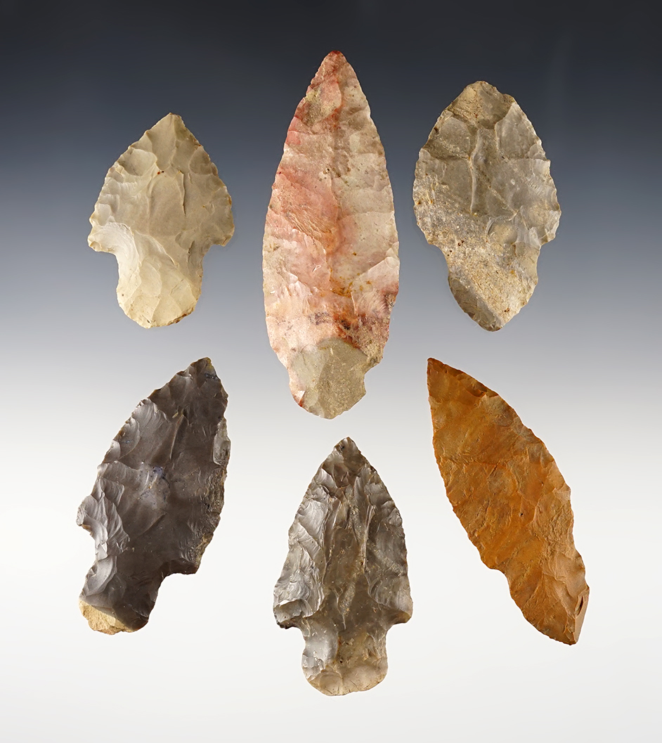 Set of 6 assorted points found in the Kentucky area. All are well patinated. 