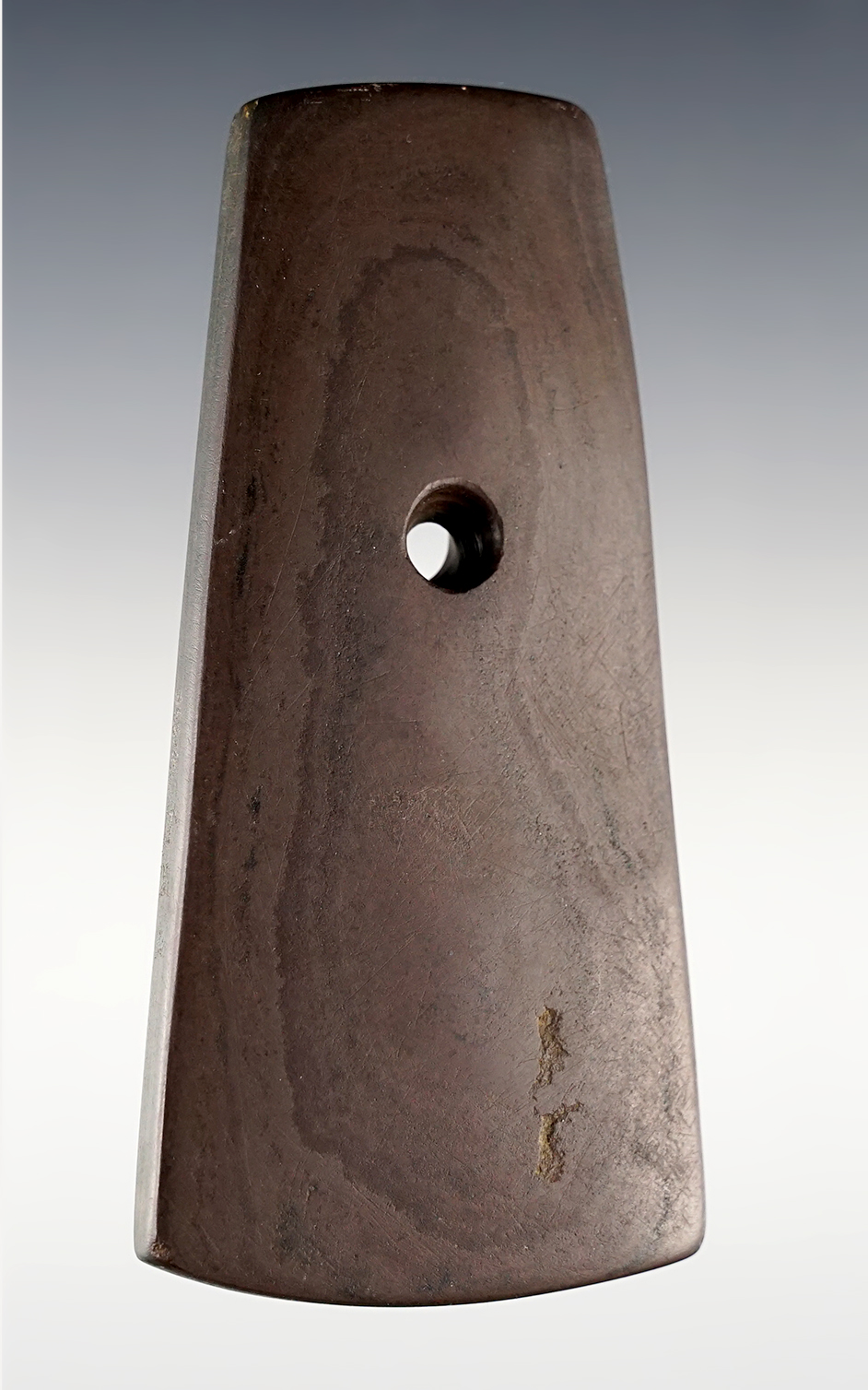 4 1/8" mottled red and black Banded Slate Trapezoidal Pendant found in Adams Co., Indiana. 