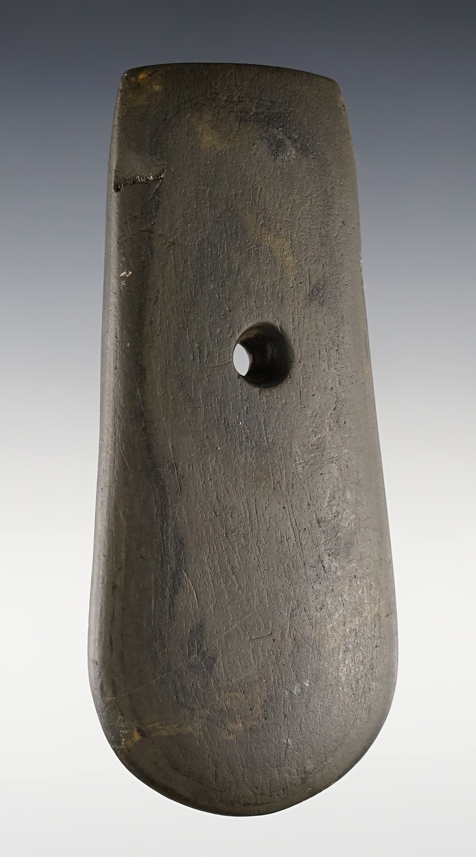 4 7/16" green and black Banded Slate Adena Keyhole Pendant. Found in Warren Co., Ohio.