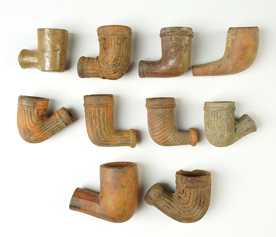 Set of 10 Clay Trade Pipes - site of the Akron Pipe Works near Mogadore, Ohio. 1860's - 1896.
