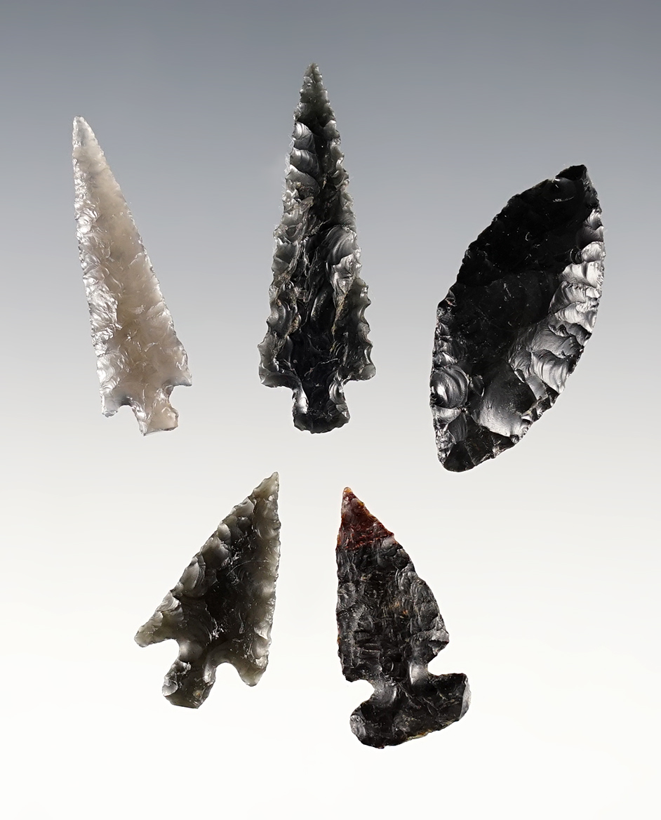 Set of 5 nicely made Obsidian points found near the Columbia River, Oregon. 