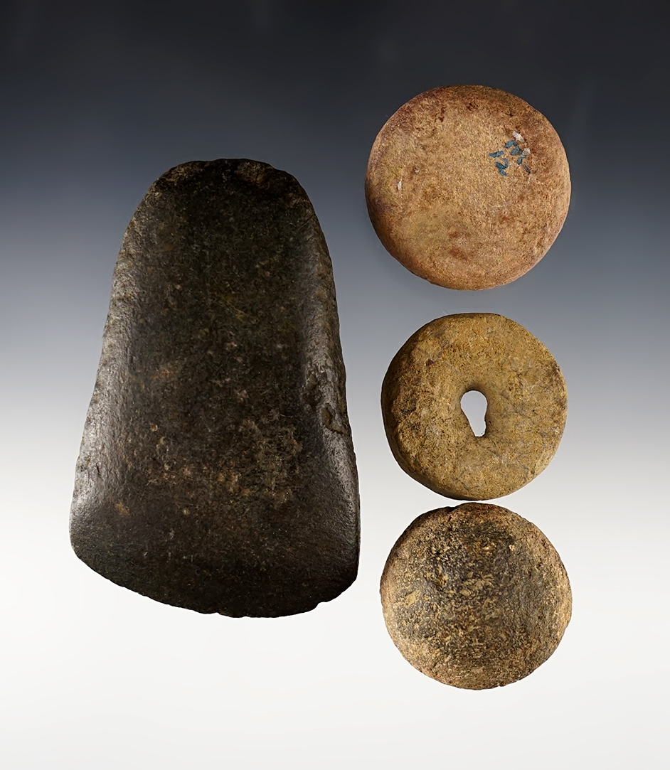 Set of 4 assorted artifacts including a patinated Celt, Cone and 2 small Sandstone Discoidals. The largest is 3 3/4".