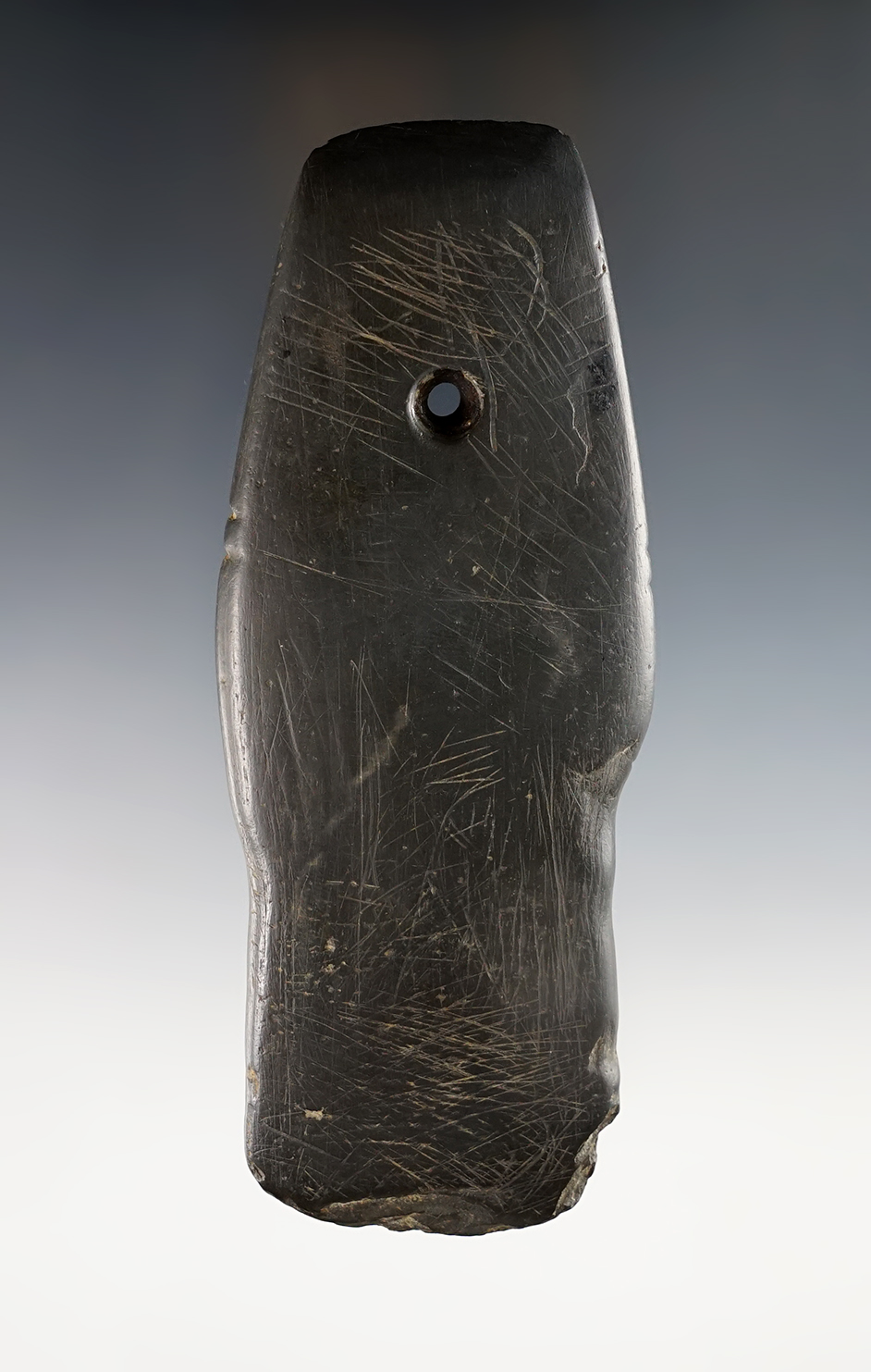 5 7/16" Shovel Pendant with tallies and engravings. Darke Co., Ohio. Ex.Meuser, Cliff Bauer.