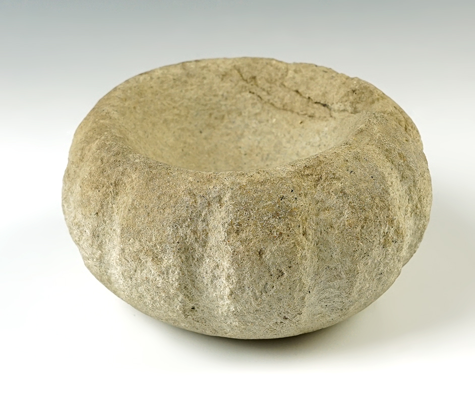 5" wide Medicine Bowl with a nicely decorated exterior. Found in Shasta Co., California.