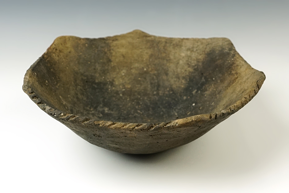 7 3/4" Mississippian Star Bowl with incised rim. Mississippi Co., Arkansas. Nicely restored.