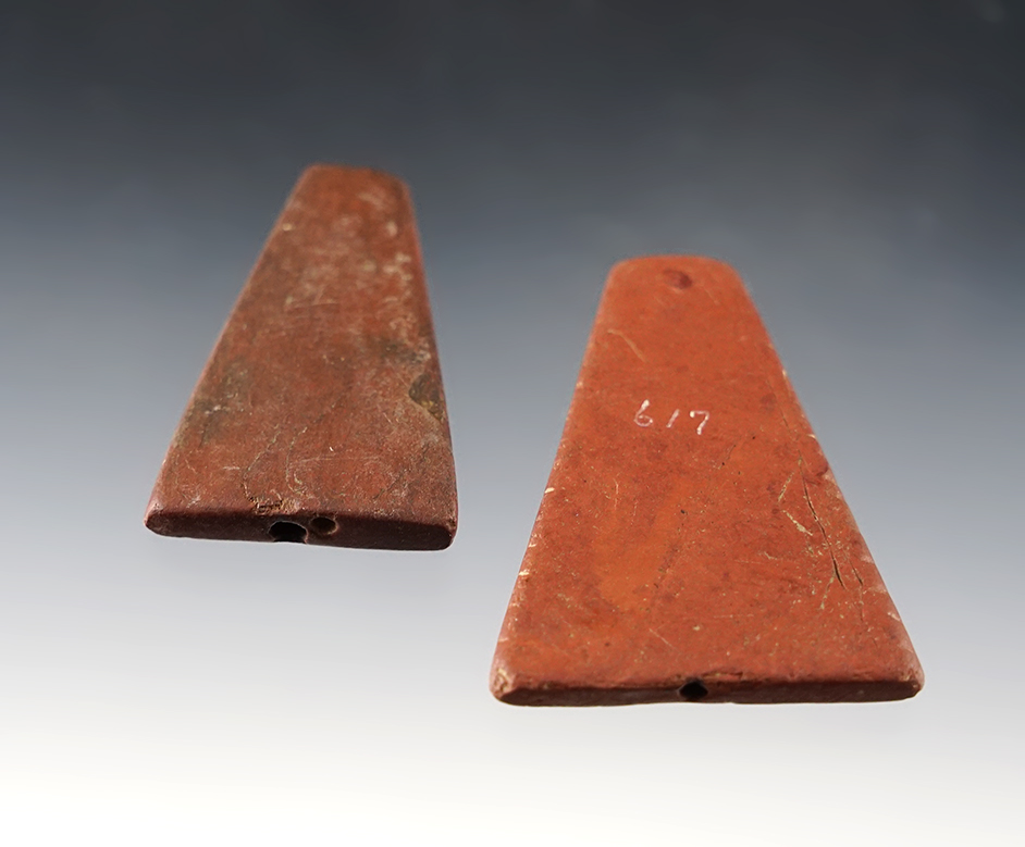 Pair of nice Red Slate Trapezoidal Beads - Townley-Read Site, Geneva, New York.