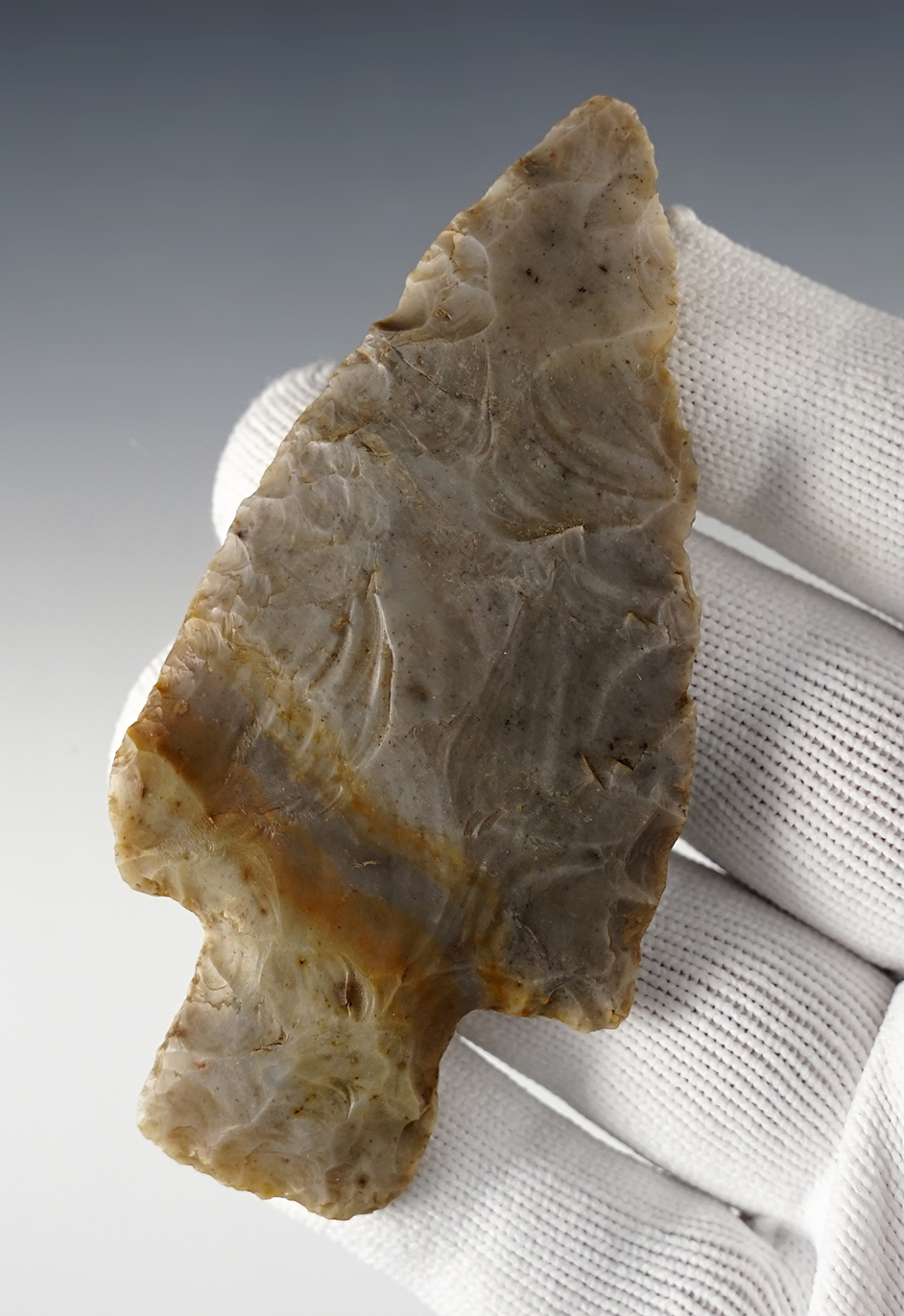 3 3/4" Adena made from colorful Flint Ridge Flint. Found in Mason Co., West Virginia. COA.