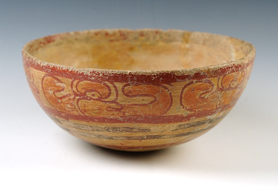 7 7/8" Diameter Mayan bowl with several reattached pieces, recovered in Belize.