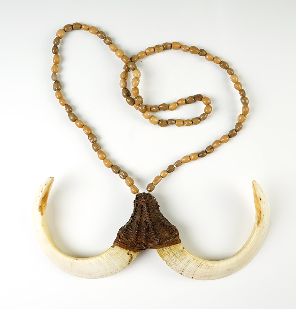 Unique African Necklace with boar tusks. 8 1/2" wide, bead strand is 14" long.