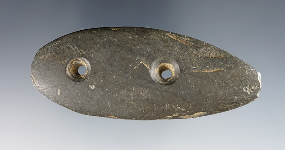 Nice 3 7/16" Gorget found in Stark Co., Ohio by Tom Hoffmaster. Made from Banded Slate. 