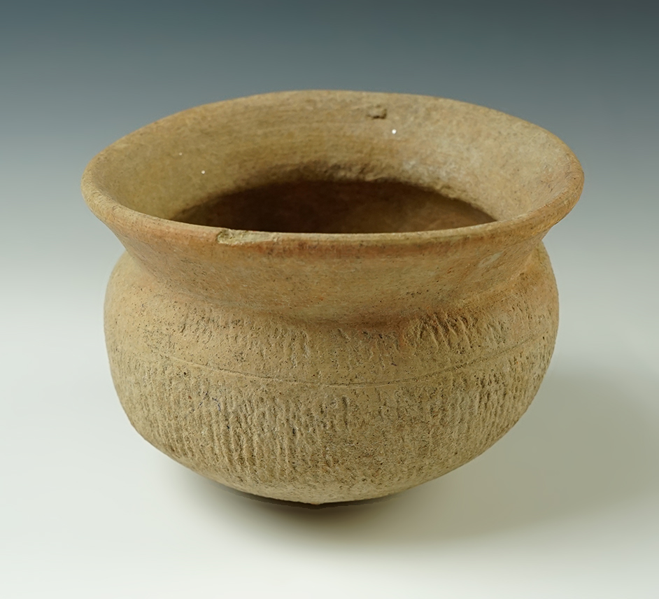 5 3/8" wide x 3 7/8" tall  Ban Chang Pottery Vessel with a highly incised design. Thailand.