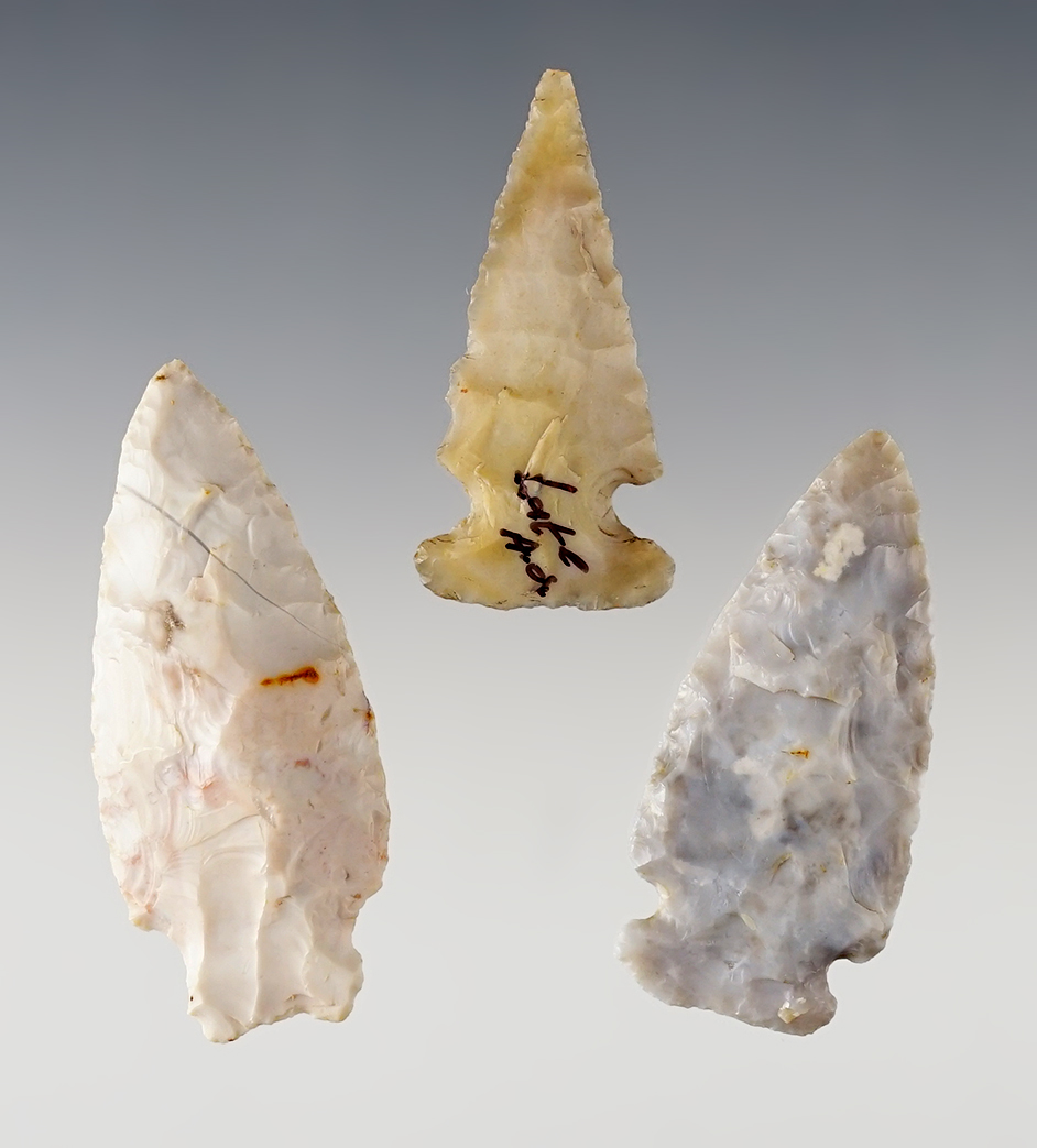 Set of 3 Ohio points made from Flint Ridge Flint. All in good condition. The largest is 2 5/16".