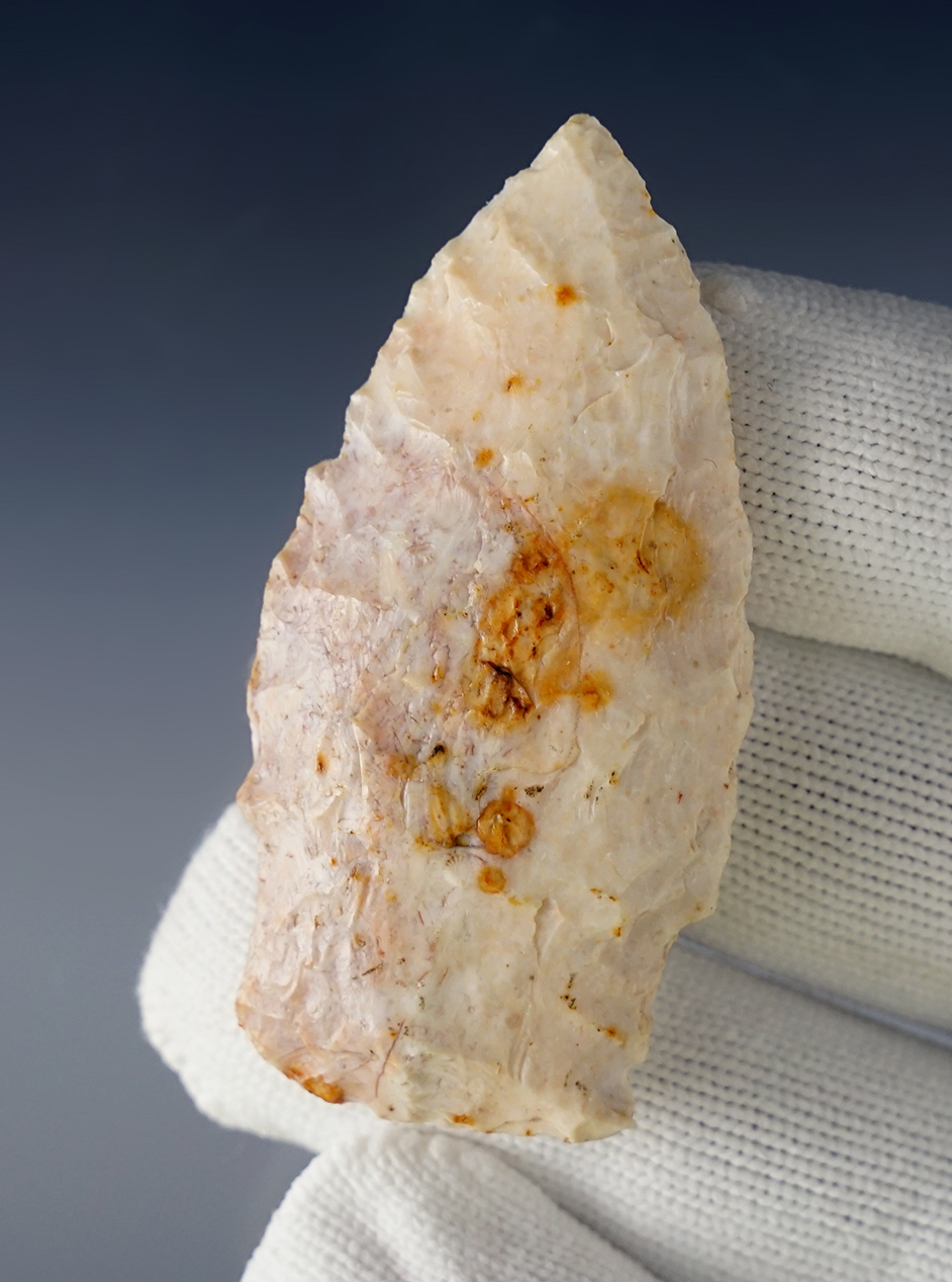 2 3/8" Scottsbluff made from patinated Burlington Chert. Found in Missouri. Stermer COA.