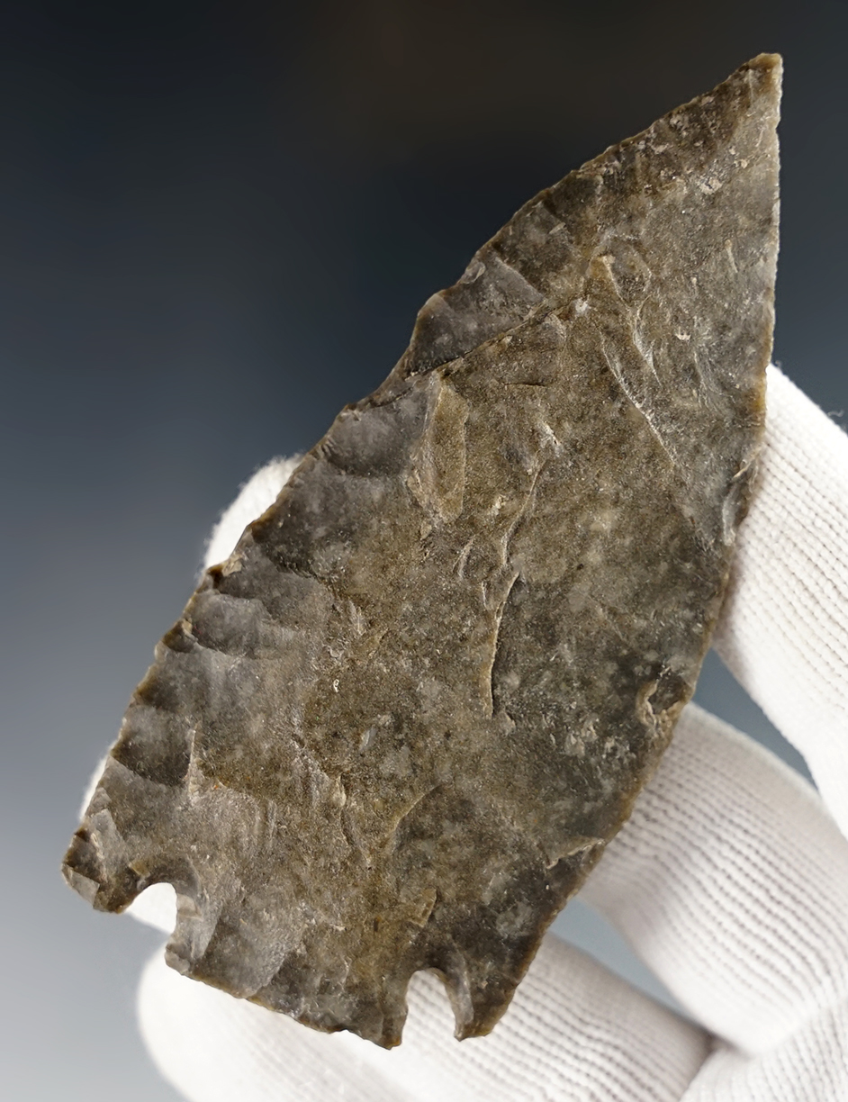 3 9/16" Marshall Base Tang made from dark gray chert. Found in Kerr Co., Texas. Rogers COA. 