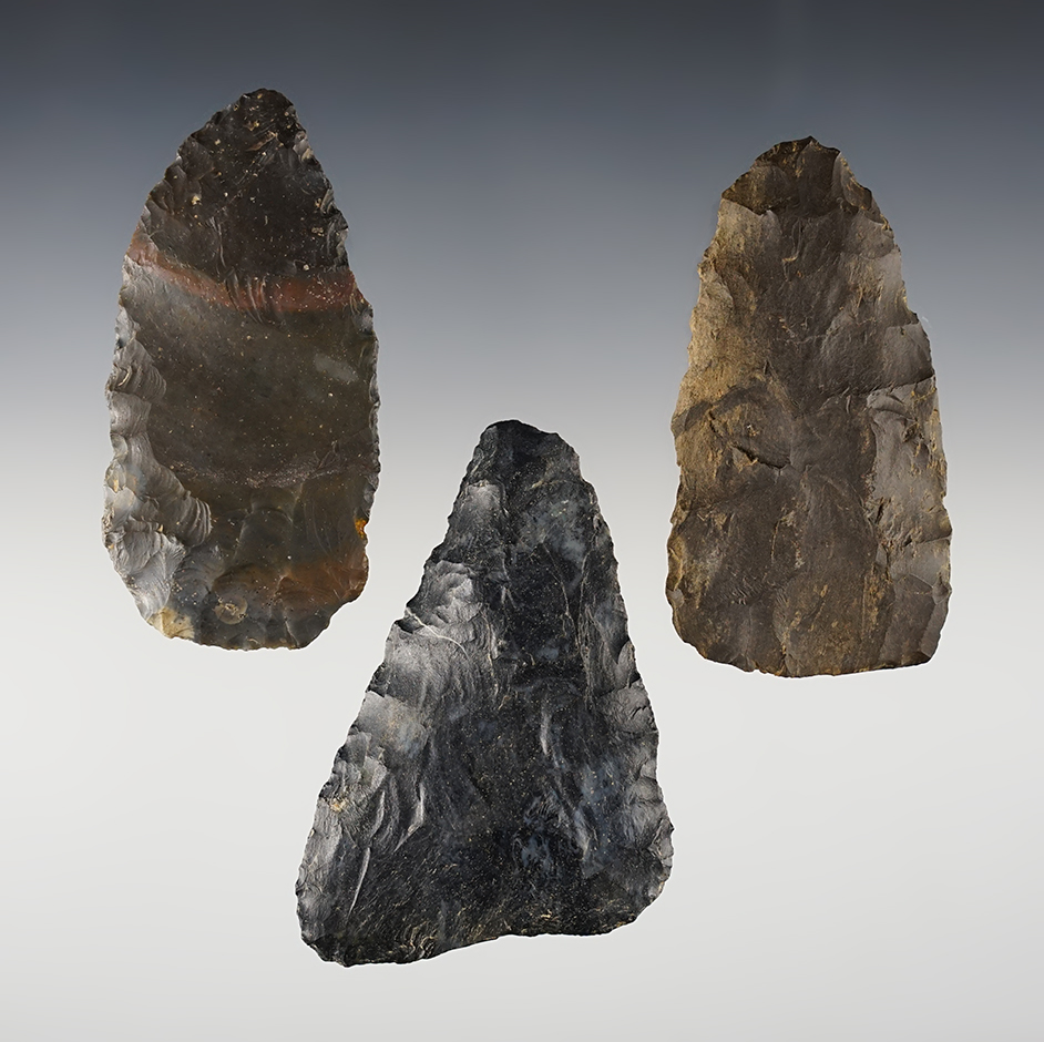 Set of 3 nicely made Ohio Paleo Blades made from Coshocton Flint. The largest is 3 3/8".