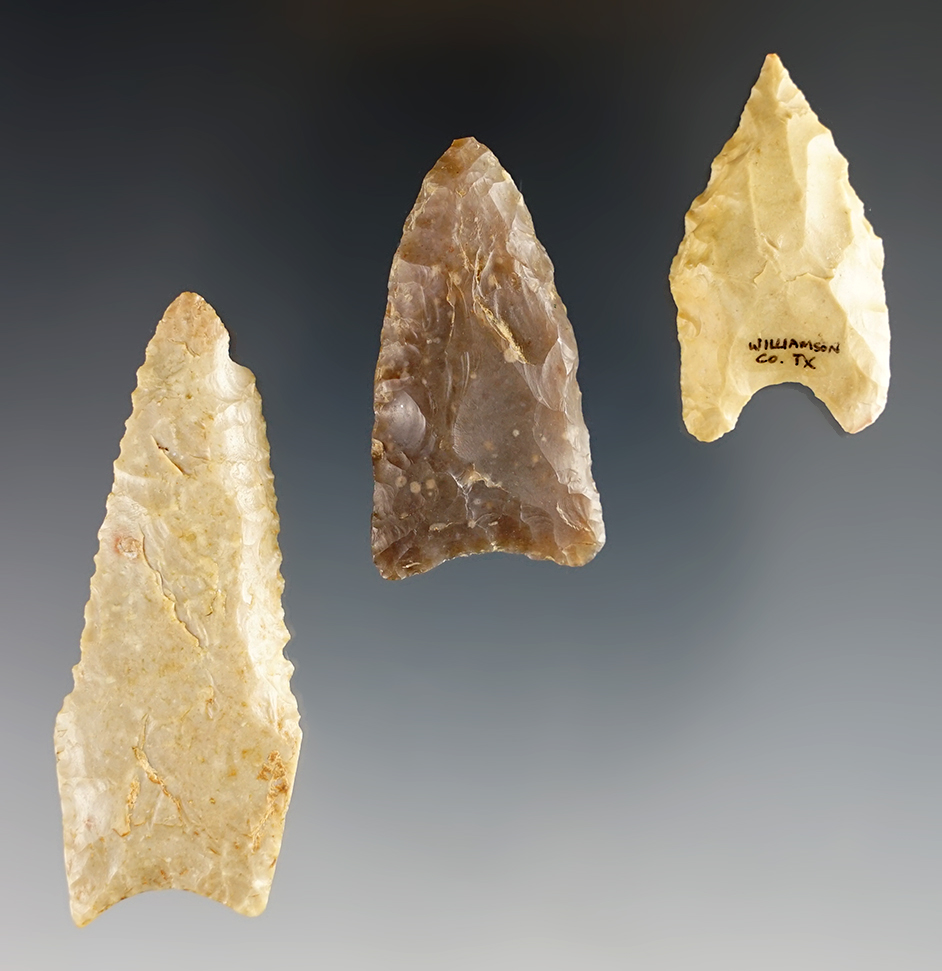 Set of 3 Texas points including a Meserve found by Rodney Lunde, 1994 in Bell County. 