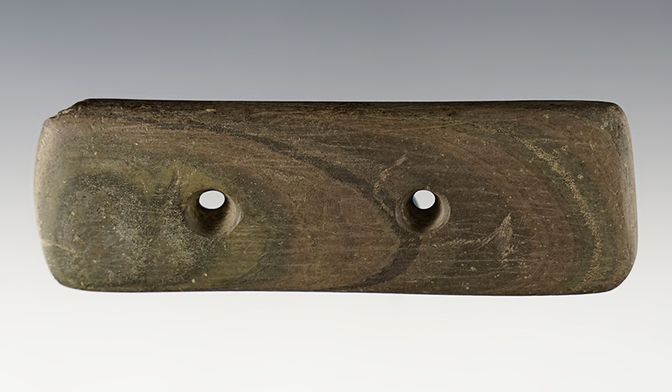 3 9/16" Adena Gorget - patinated Banded Slate. Found in Medina Co., Ohio. Ex. Johnson.