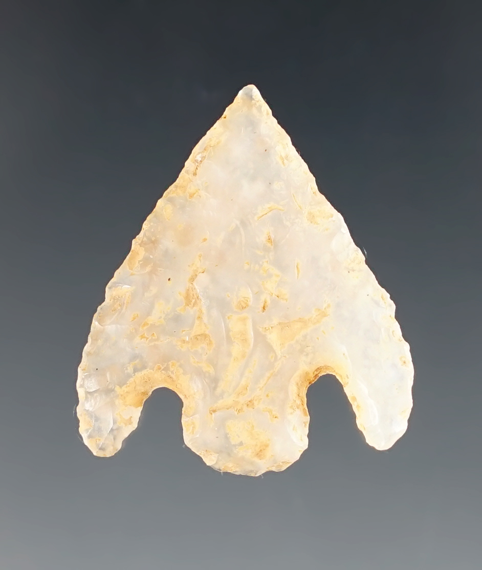 1 1/16" Shumla point - beautifully translucent Chalcedony.  Texas.  Museum Deaccession. 