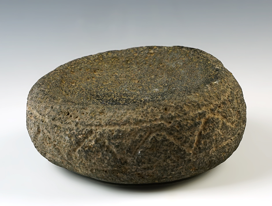 5 1/2" diameter stone Medicine Bowl with a highly decorated exterior. Penal Co., Arizona. 