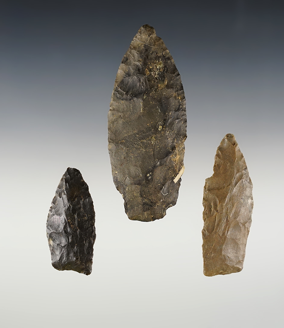 Set of 3 classic styled Paleo Lanceolates from Ohio and Tennessee. The largest is 3 3/8".