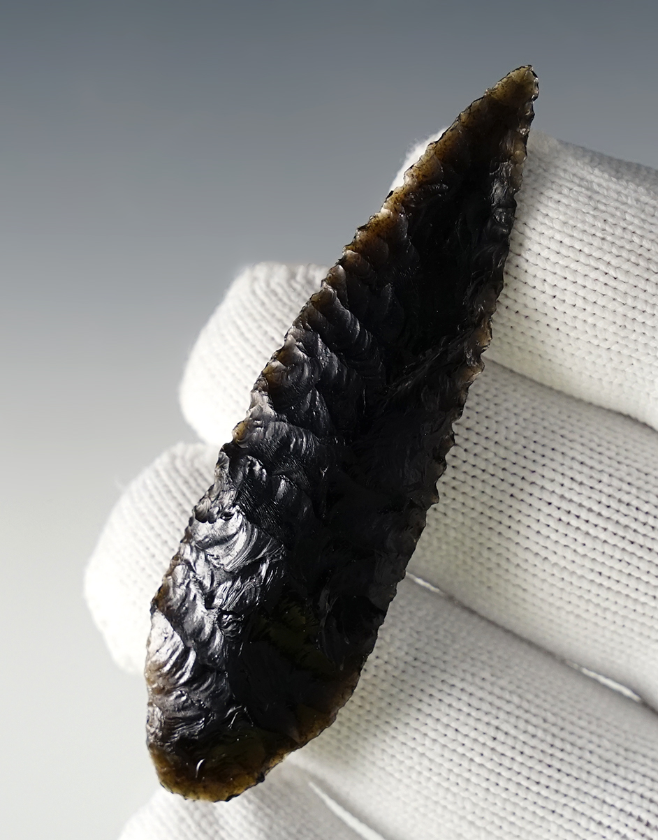 Well flaked 2 3/4" Obsidian Cascade - Humbolt Co., Nevada. Ex Dr. David Aptecker.  COA.