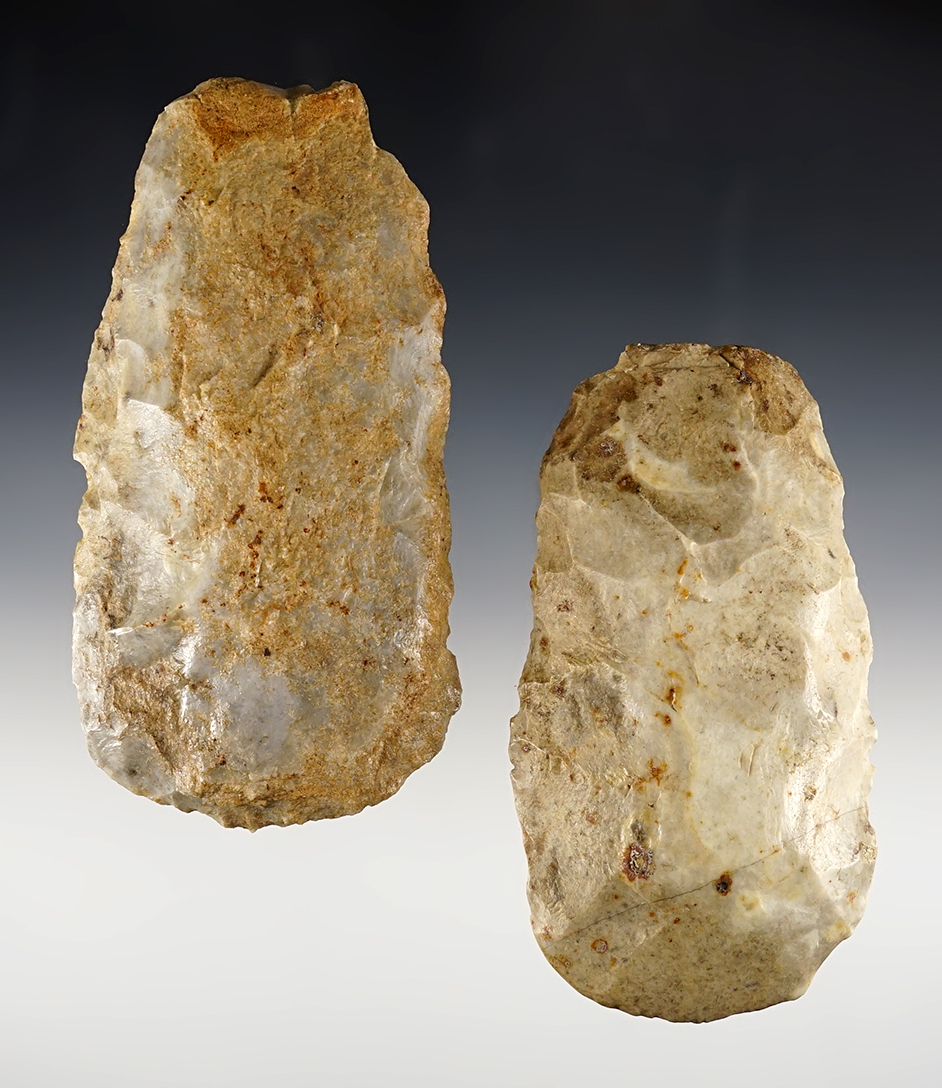 Pair of flint artifacts found in Illinois including a 4 3/4" Flaked Adze and a 4 3/8" Flaked Celt. 