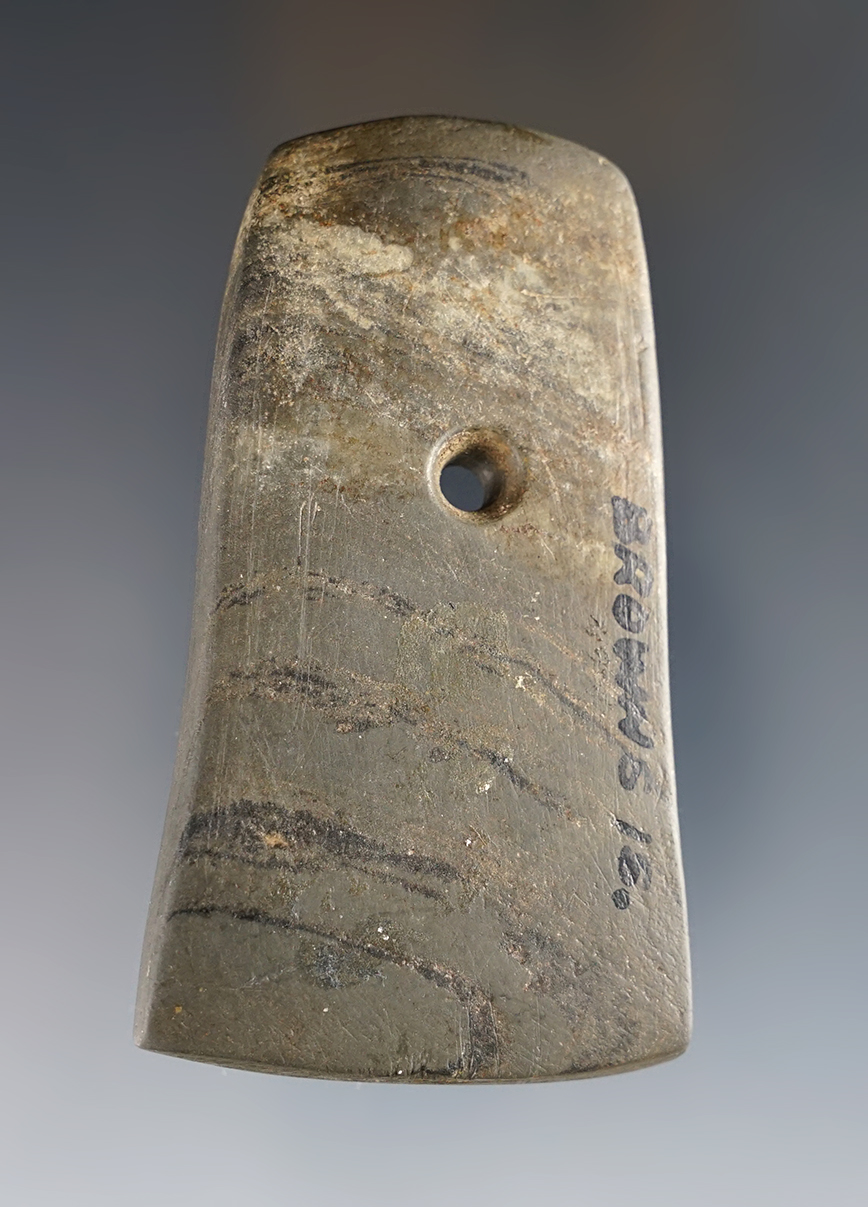3 1/4" x 1 7/8" Bell-shaped pendant found close to Brown’s Island, Hancock Co., West Virginia. 
