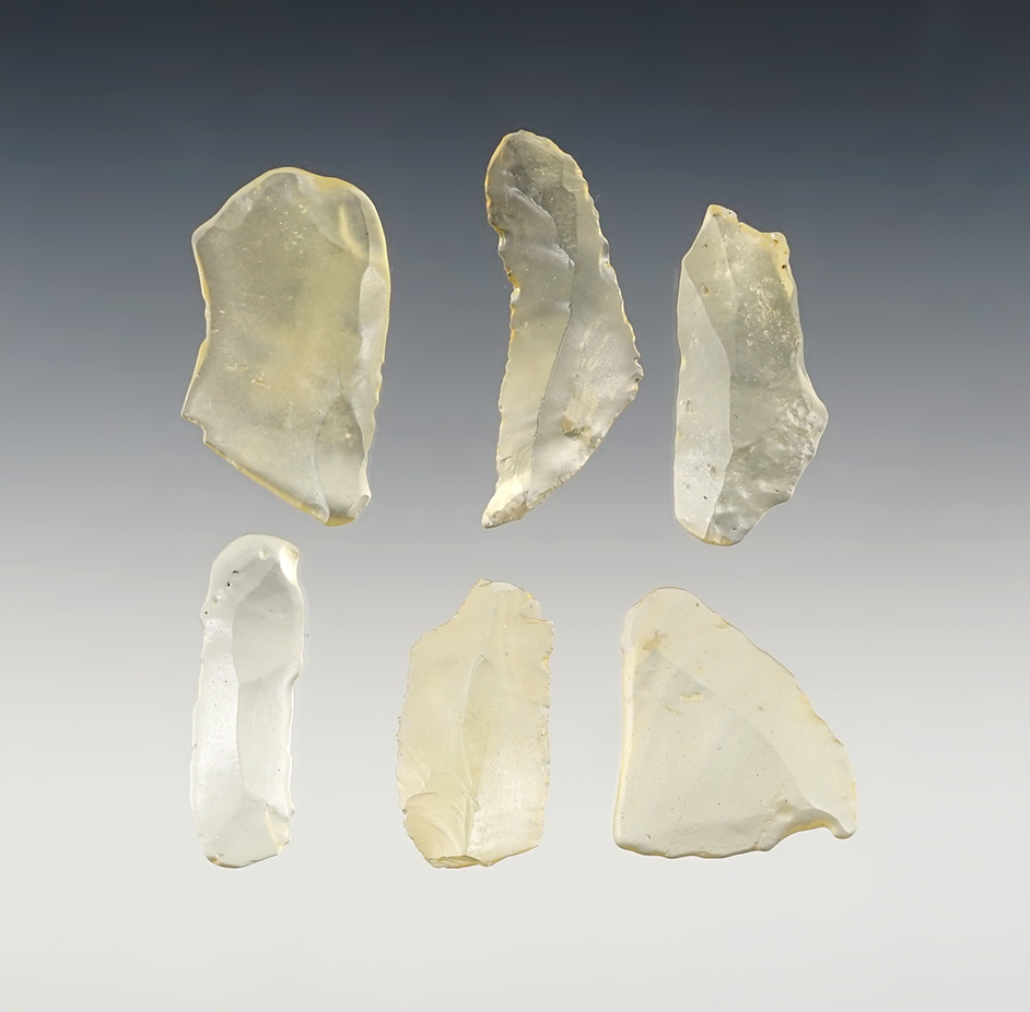 Set of 6 Paleolithic Bladelet tools found in Egypt made from rare material called "Impactite".