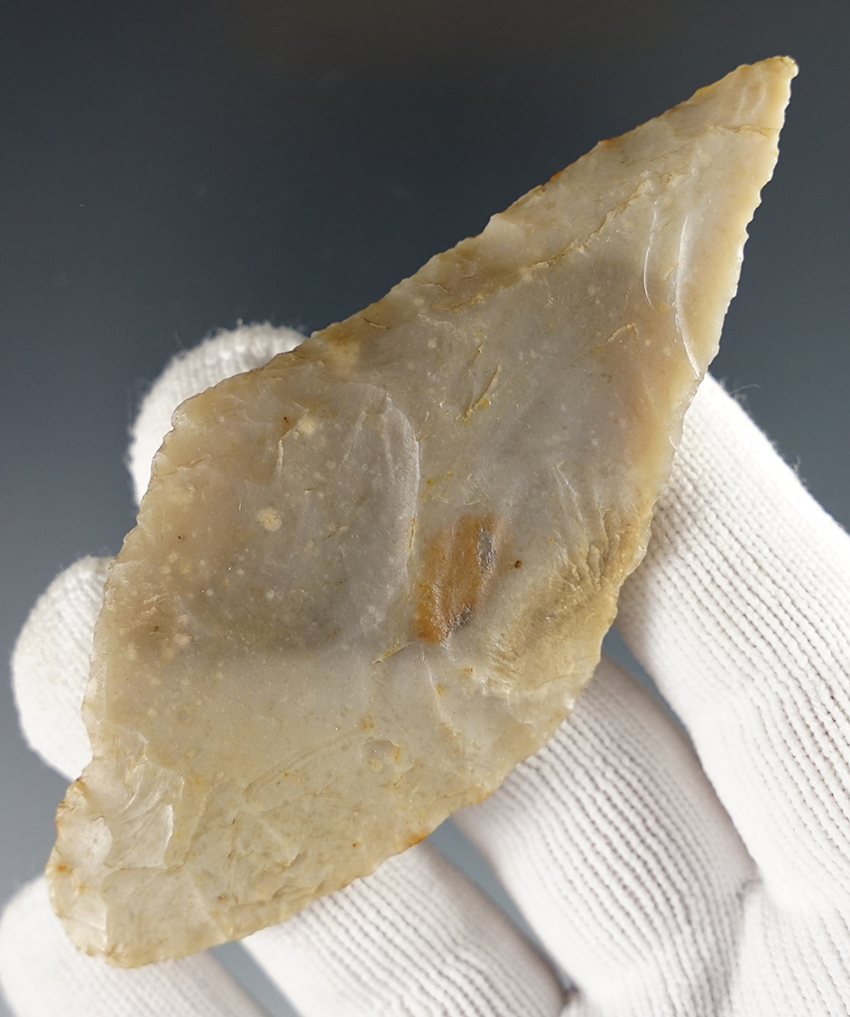 3 3/4" Harahey Four Bevel Knife made from well patinated gray flint. Found in Kansas.