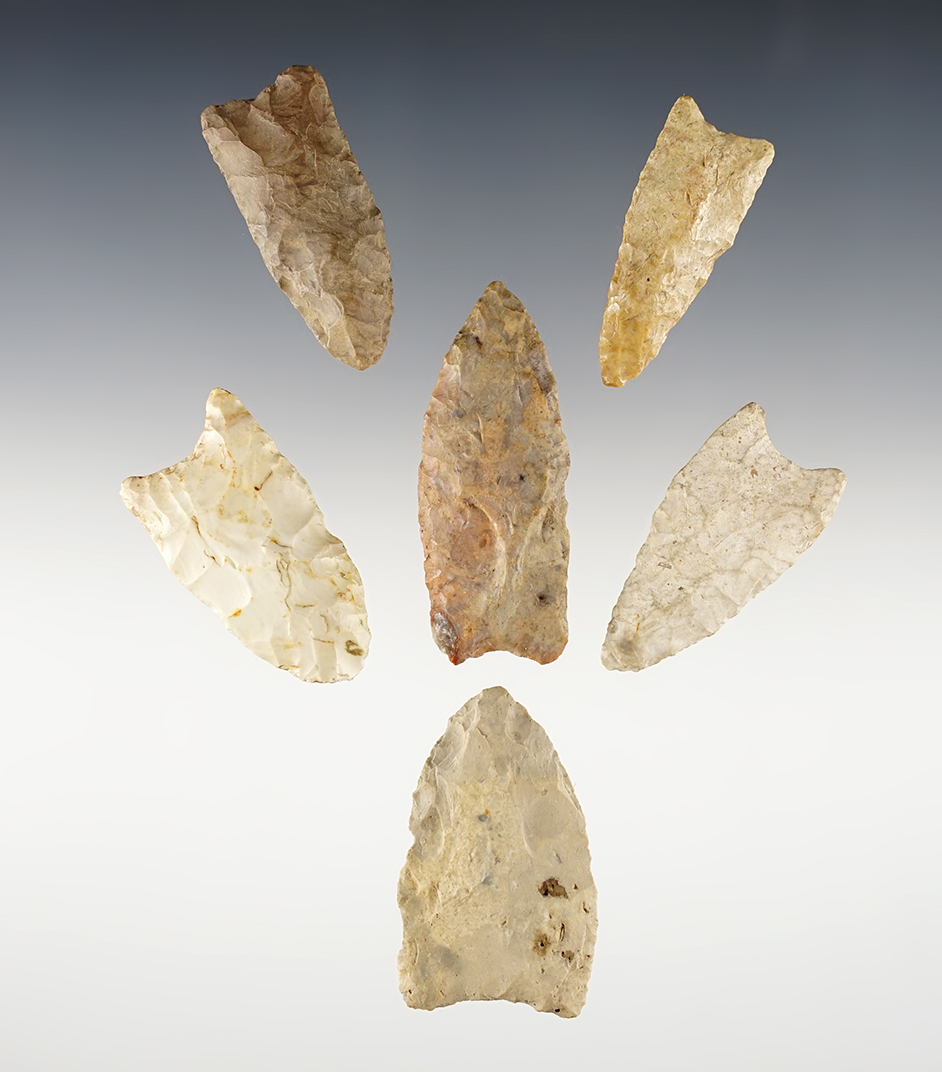 Set of 6 Plainview points found in the Texas & Oklahoma area. All are in good condition. 