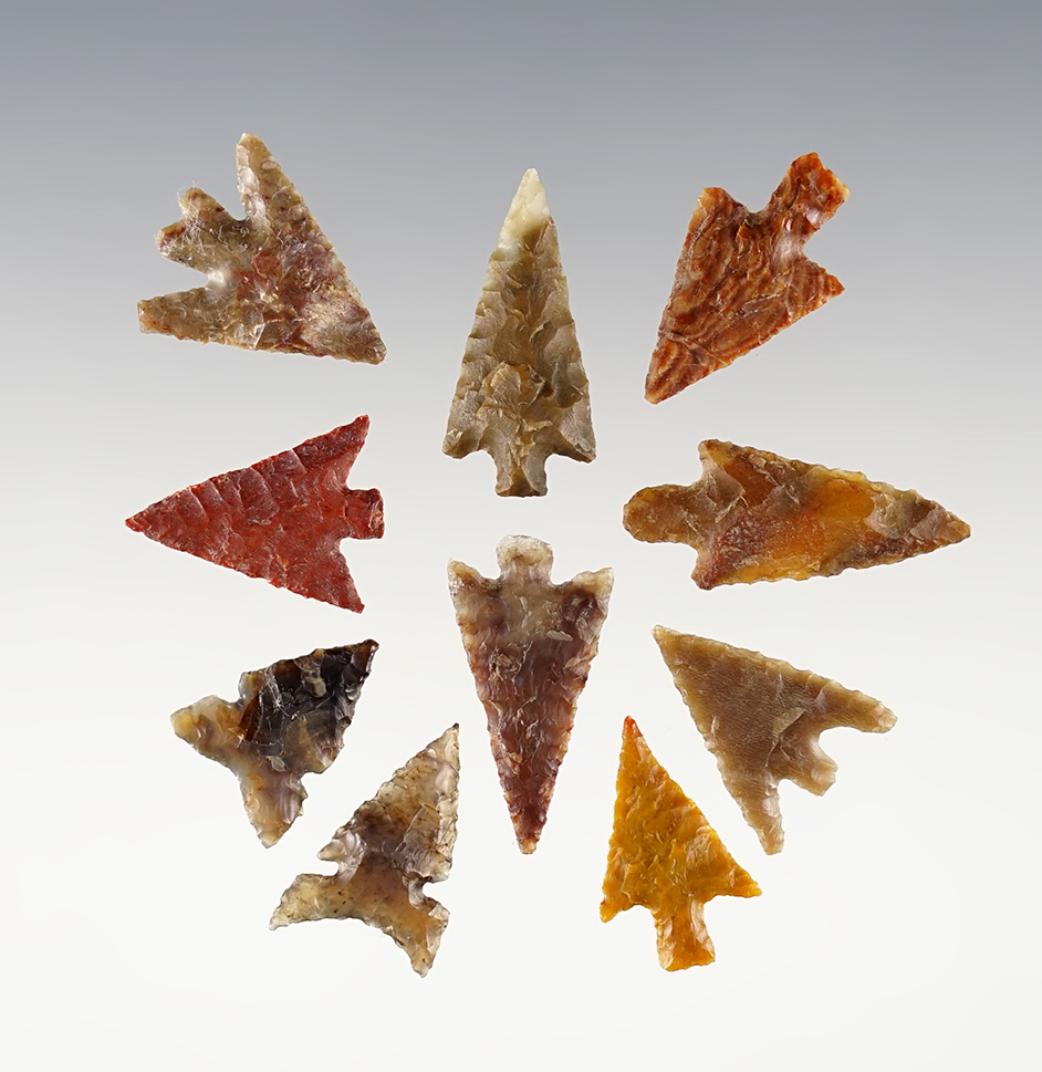 Set of 10 finely flaked Gem points found near the Columbia River in Washington/Oregon area. 
