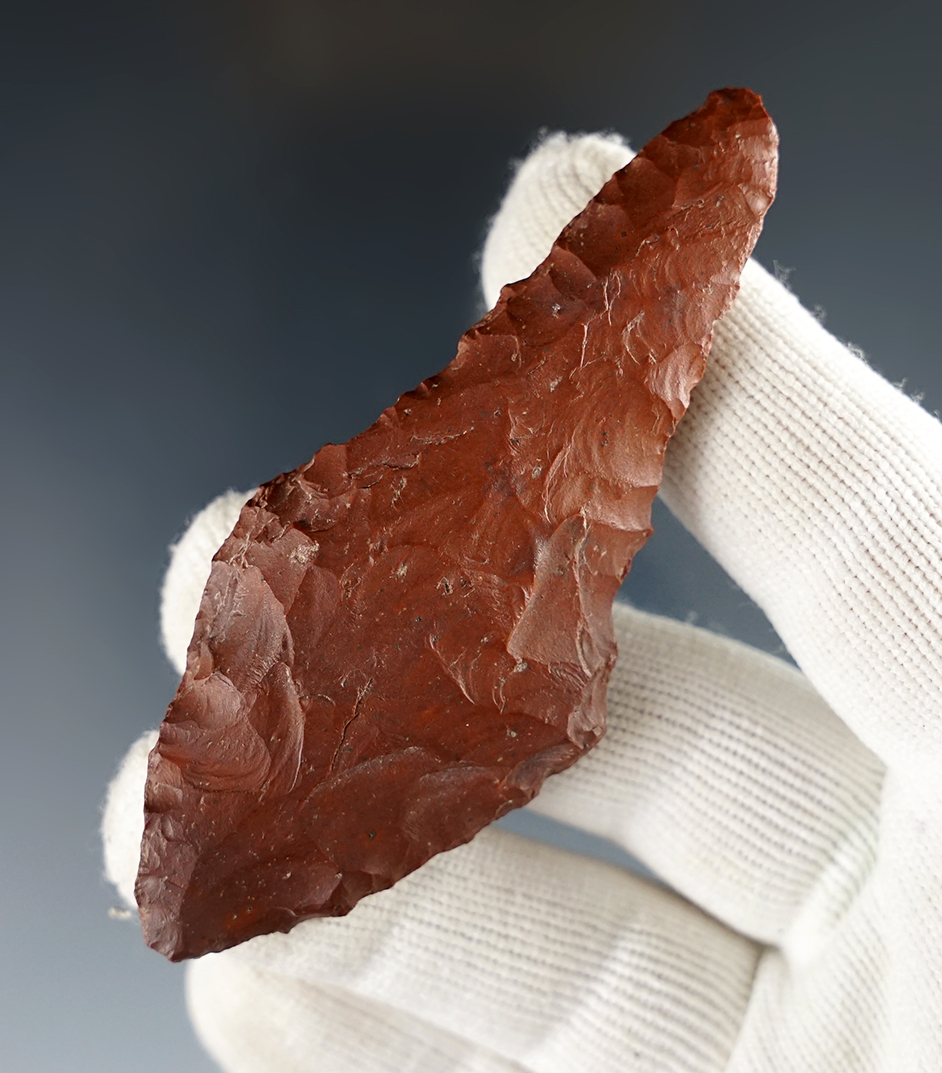 3 1/4" Wahmuza made from Jasper. Found by Fred Heimbinger (86FH),  Sherman Co., Oregon. Ex. Dean Thompson and Gordon Erspamer.