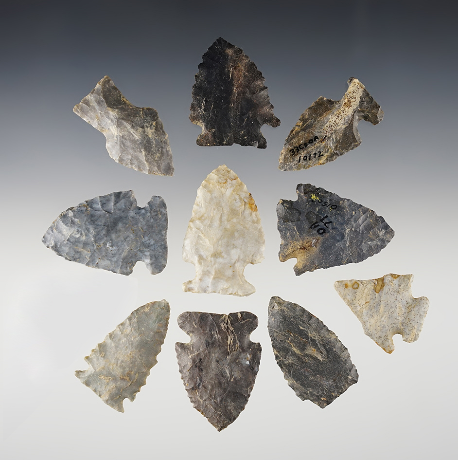 Set of 10 assorted Ohio points found by Larry Morris. All are in good condition. 