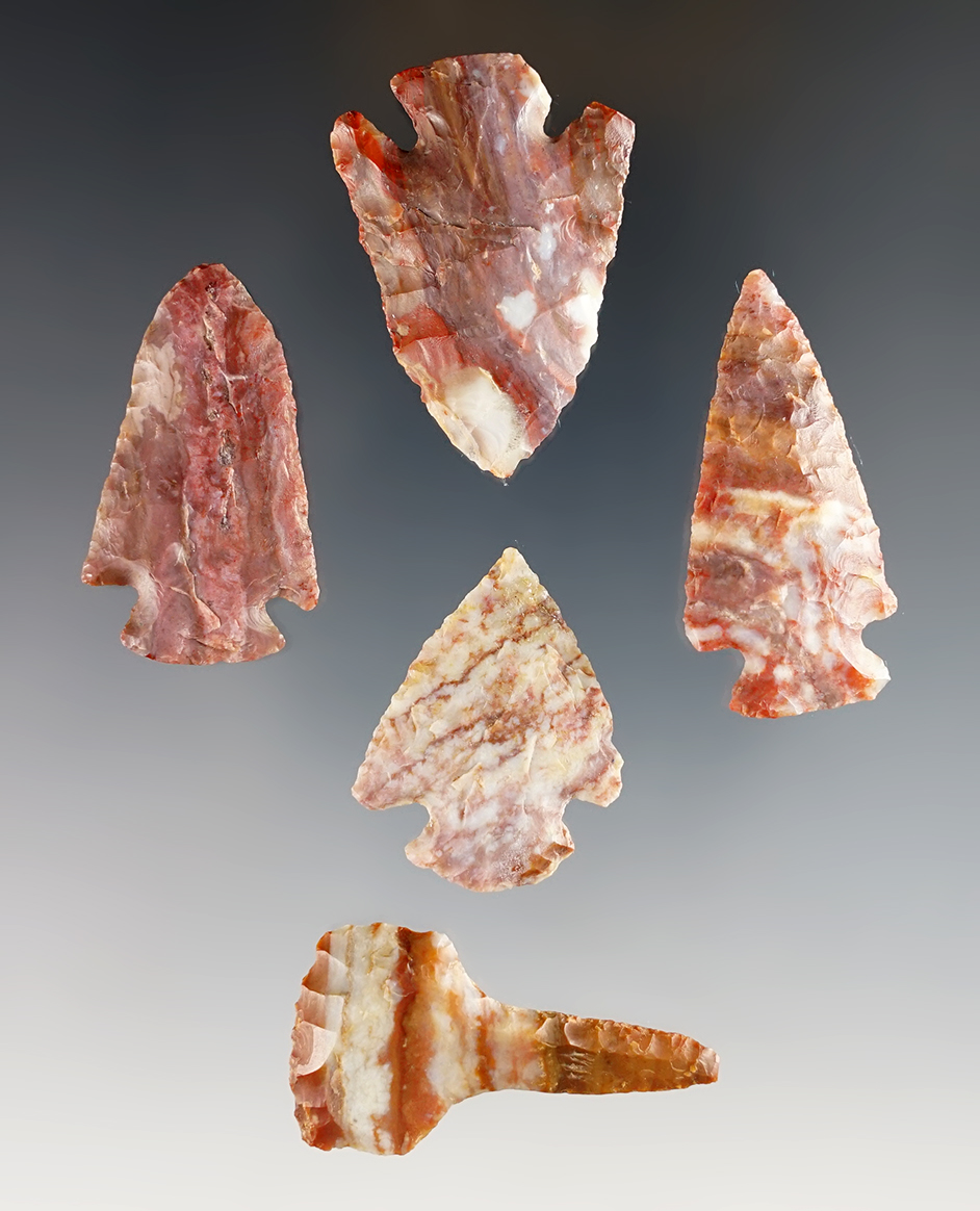 Set of 5 assorted arrowheads all made from beautiful Alibates Flint. Found in Kansas.