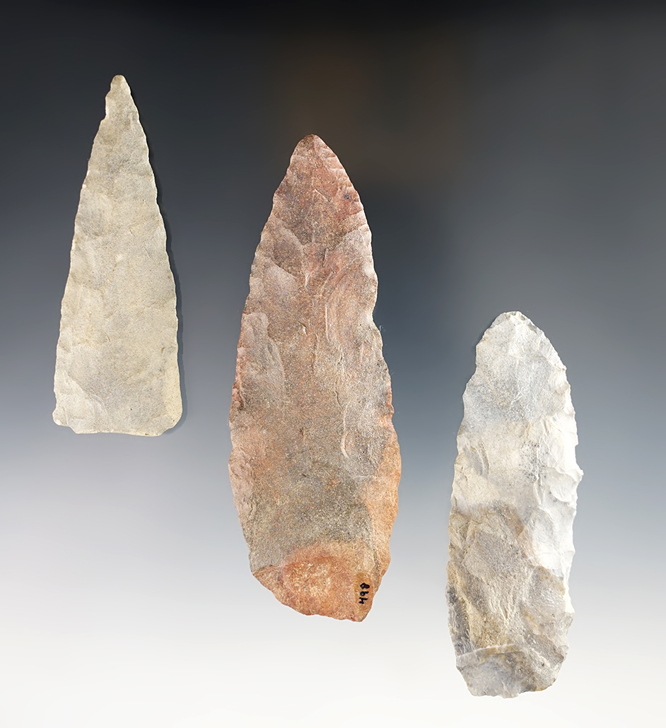 Set of 3 Knives. One has a snapped base. Found near the Kansas River, Douglas Co., Kansas.