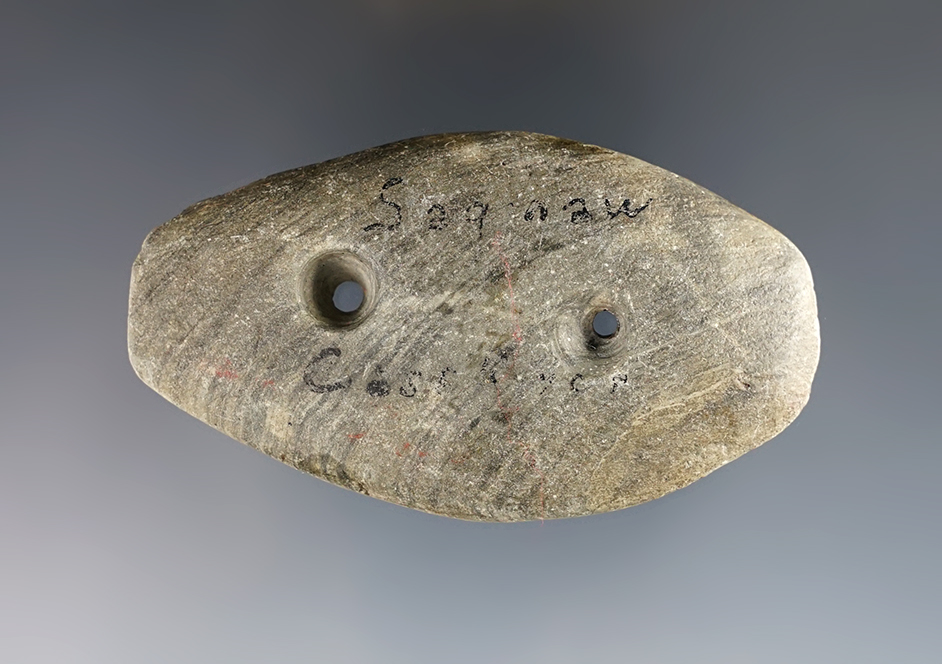 3 1/4” x 1 3/4" Gorget made of green & black Banded Slate. Ex. Dr. Gordon Meuser collection. 